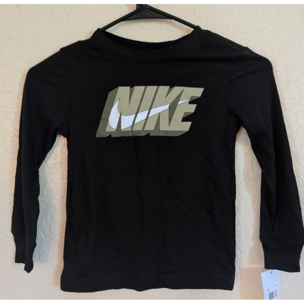 Nike Little Kids Long Sleeve Black Jersey Shirt Camo Green Logo 4-5 Yrs NEW